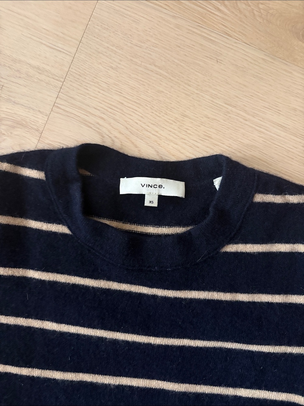 VINCE XS- cashmere Striped Overlay Crewneck Sweater - Navy and Cream - Picture 3 of 5